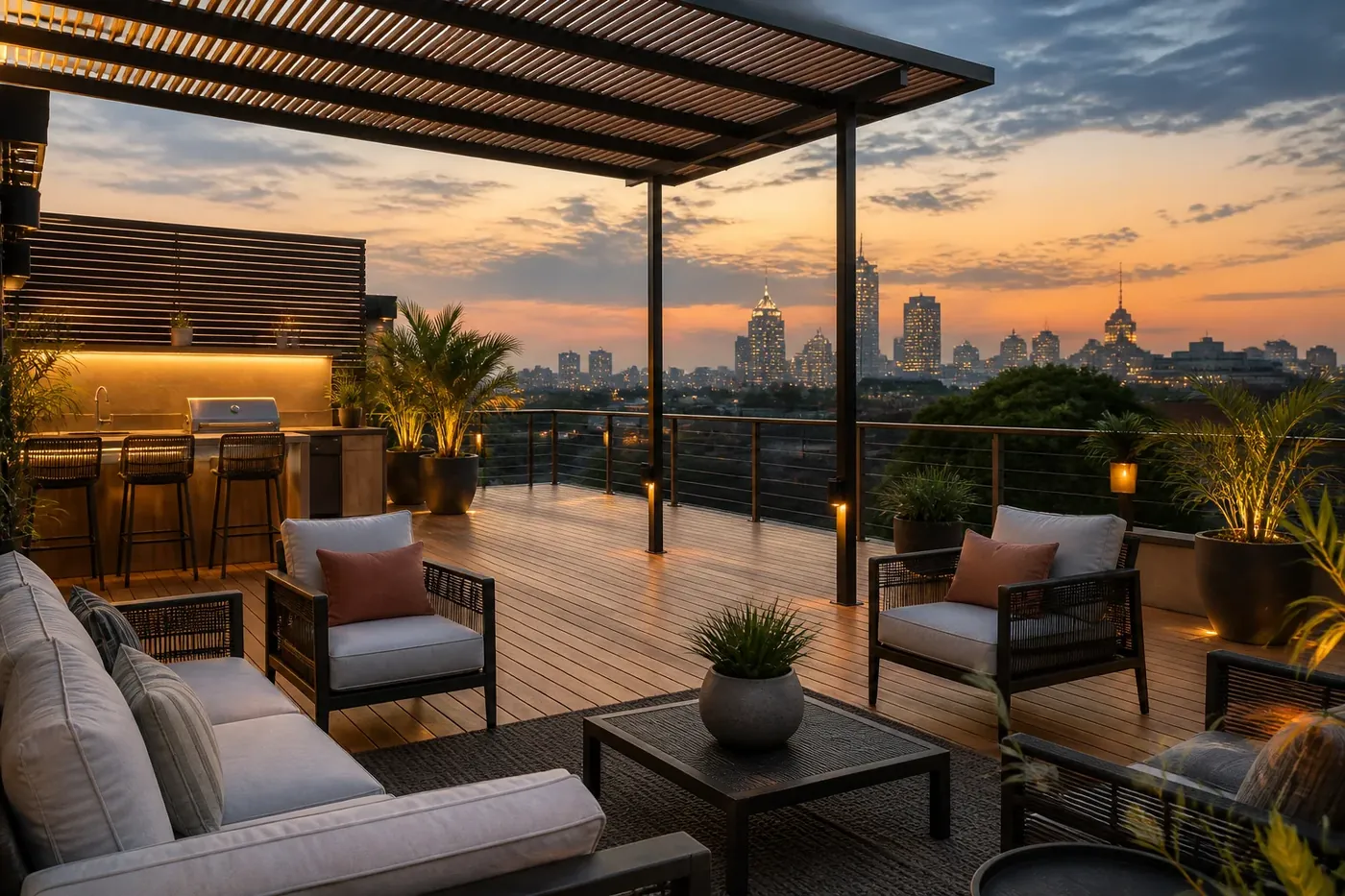 City skyline at sunset from an apartment rooftop terrace