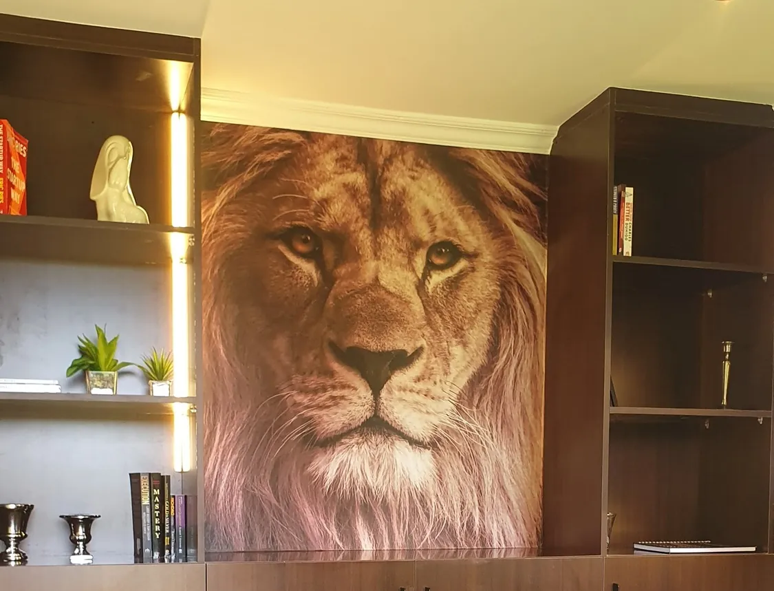 Home office with dark shelving, desk and task lighting, Nairobi