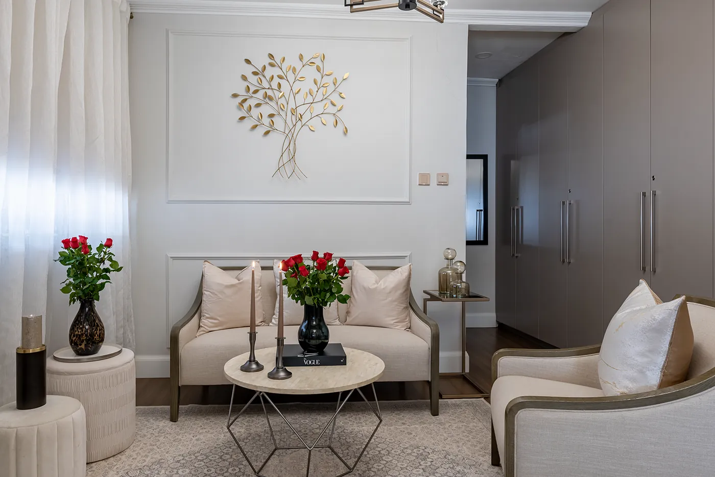 Panelled feature wall in a styled Nairobi living room