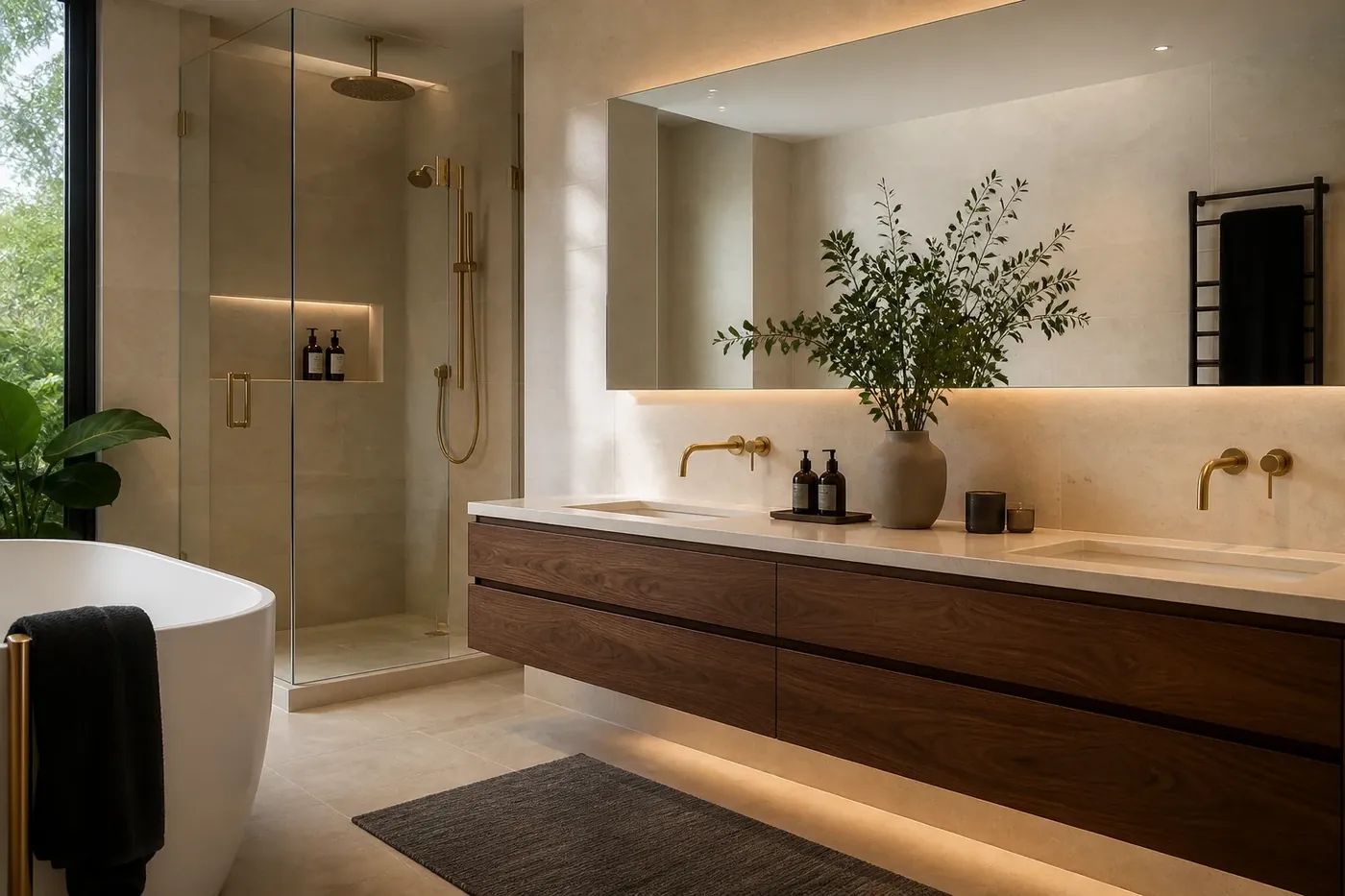 After: dark marble-look bathroom with double vanity and brass fittings, Karen