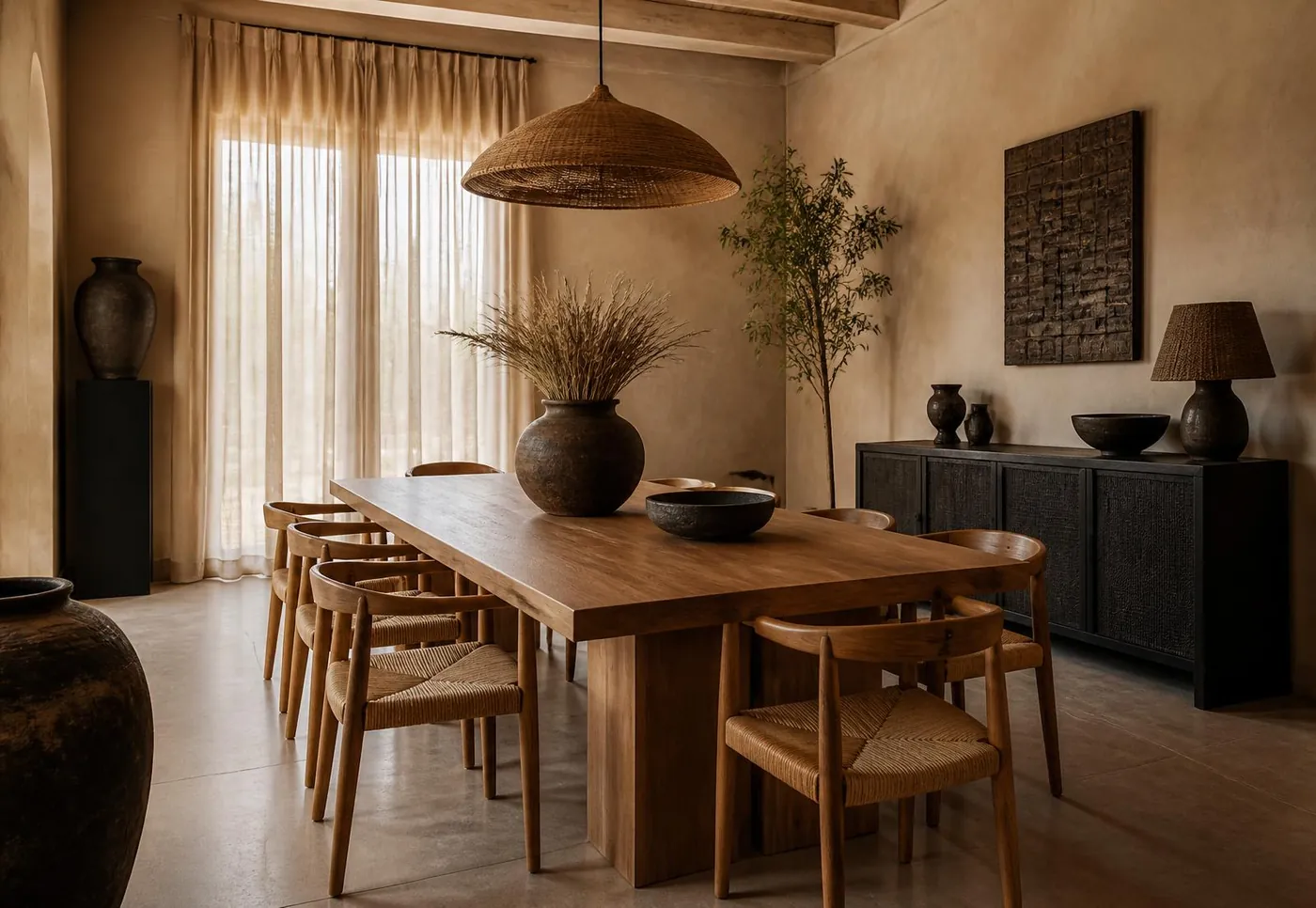 Redesigned dining room with oak table, rush-seat chairs and woven pendant
