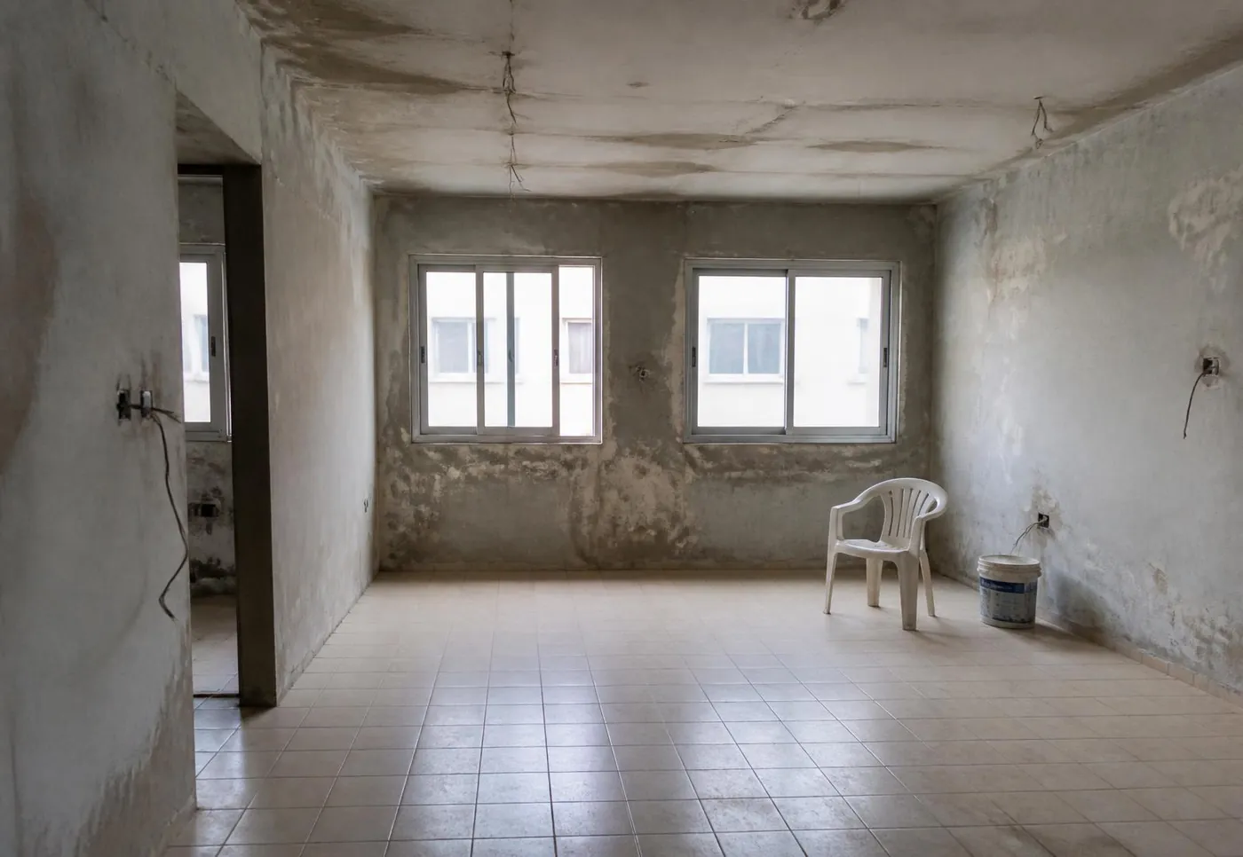 Before: bare living room with exposed plaster and dated tiles, Kileleshwa