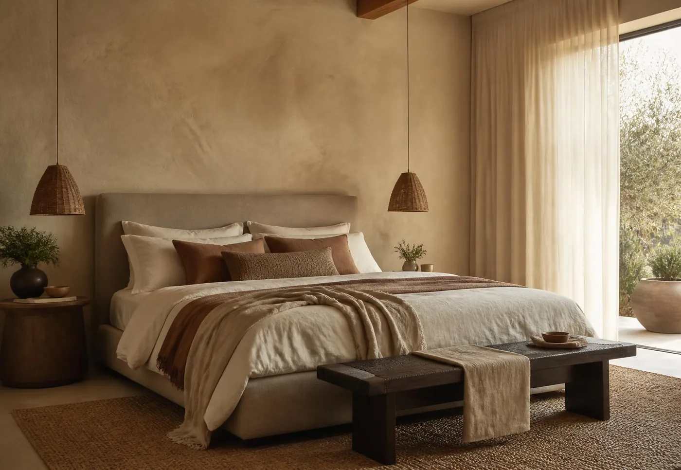 After: calm master bedroom with upholstered bed, linen drapes and sisal rug, Lavington