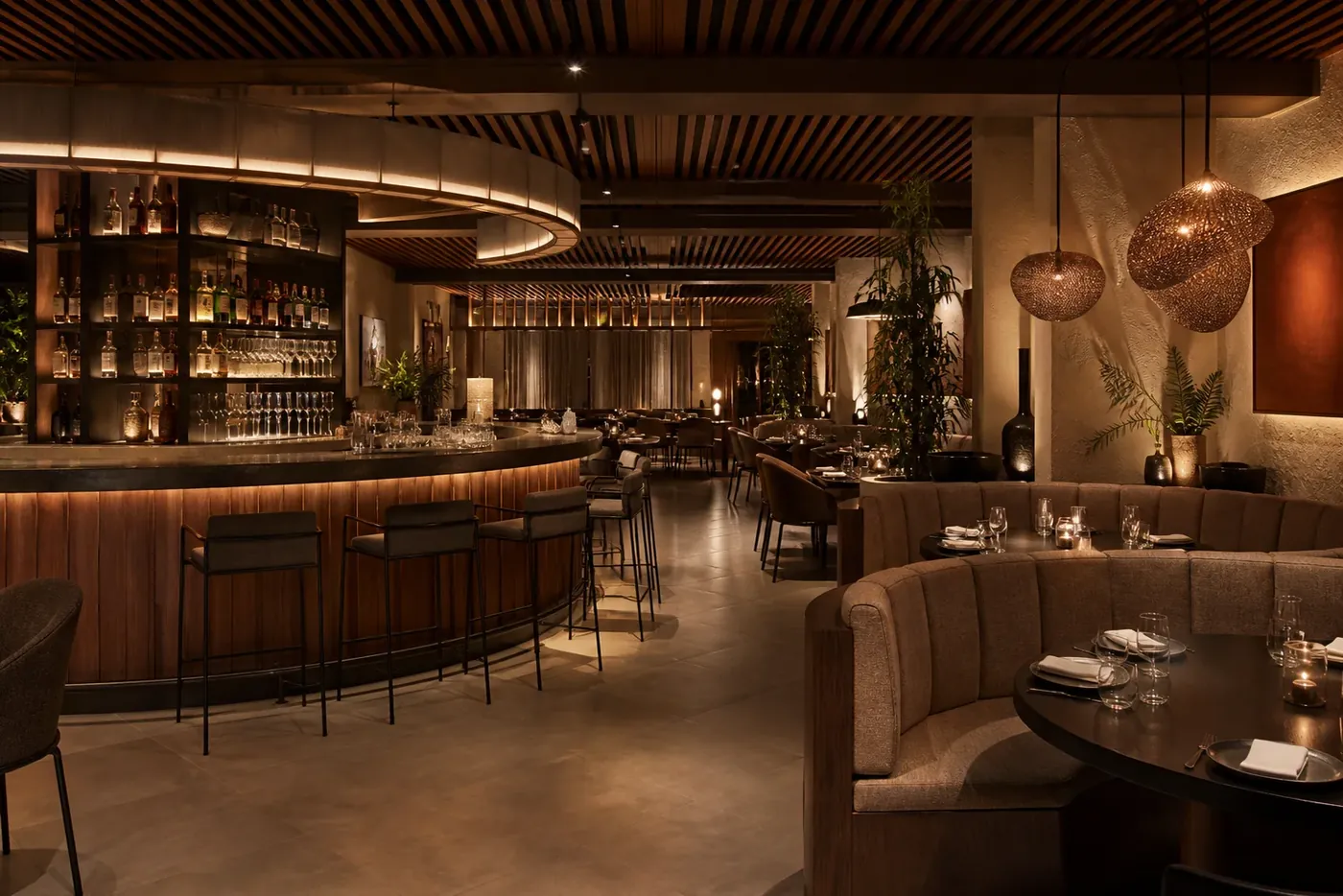 Bar counter with timber slats and brass details