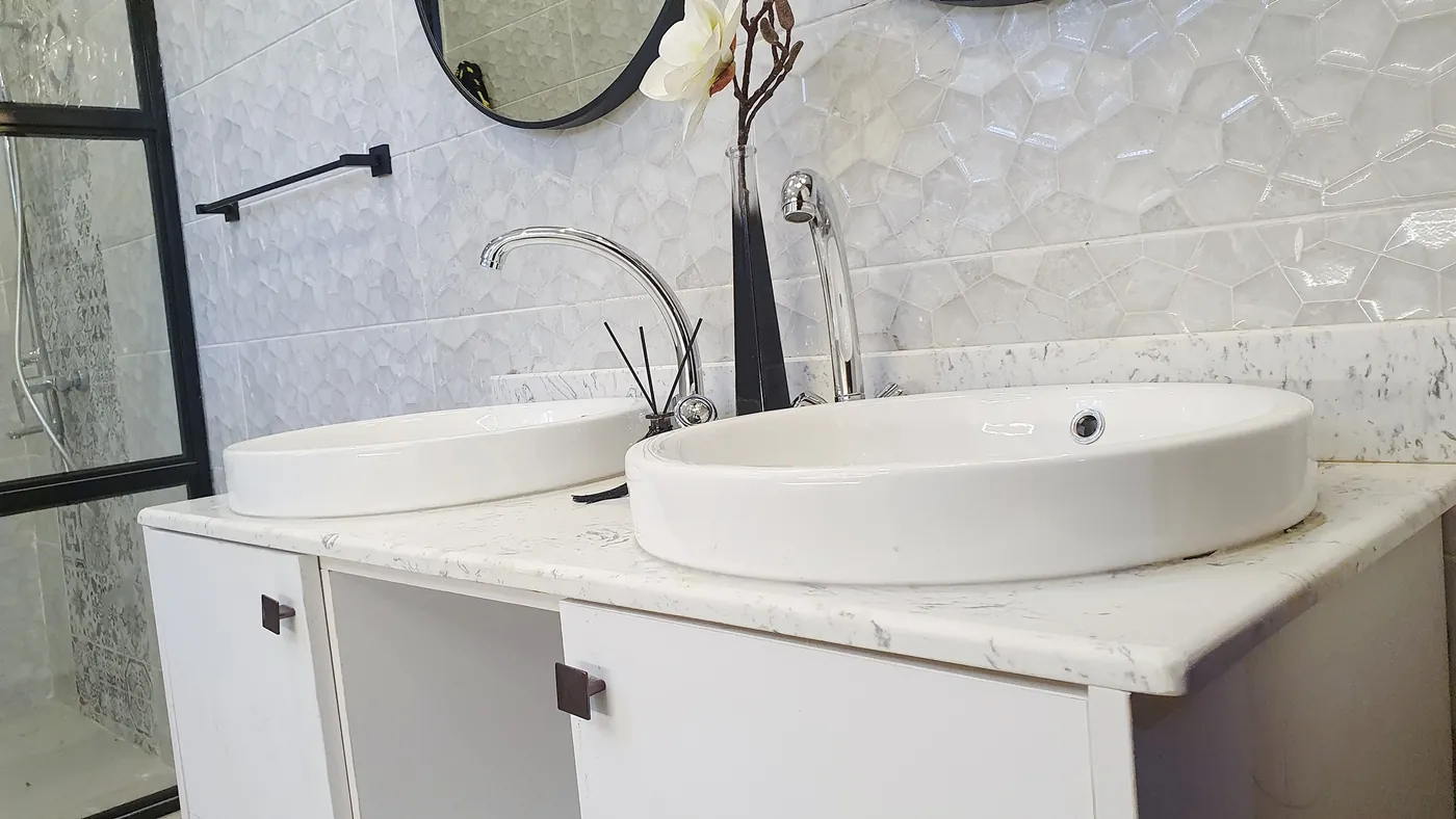 Basin mixer tap and new plumbing fittings on a bathroom vanity, Nairobi